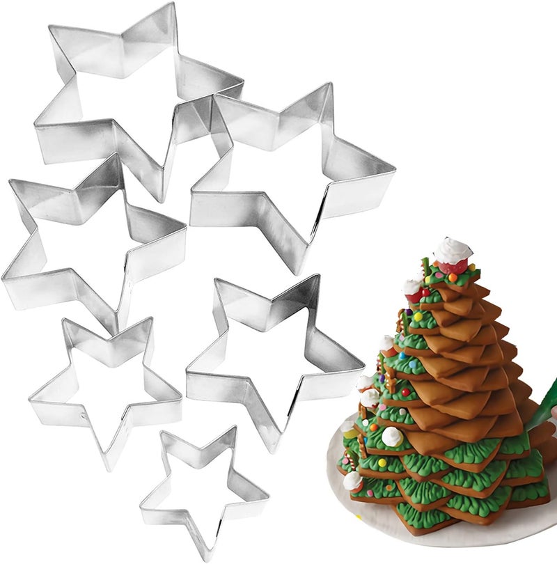 Q-BAKER 6 Pieces Star Cookie Cutters, 3D Christmas Tree Cookie Cutter Set, 4th of July Cookie Cutters, Assorted Sizes Stainless Steel Star Shapes, Molds for Making Biscuit Molds Fondant Decorations - Image 1