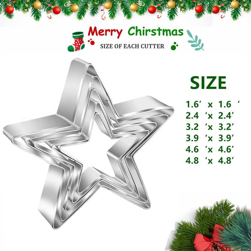 Q-BAKER 6 Pieces Star Cookie Cutters, 3D Christmas Tree Cookie Cutter Set, 4th of July Cookie Cutters, Assorted Sizes Stainless Steel Star Shapes, Molds for Making Biscuit Molds Fondant Decorations - Image 2
