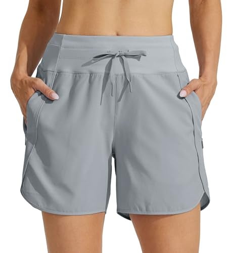 Willit Women's Athletic Running Shorts 5" Quick Dry Workout Hiking High Waisted Active Gym Exercise Zipper Pocket Gray M - Image 3