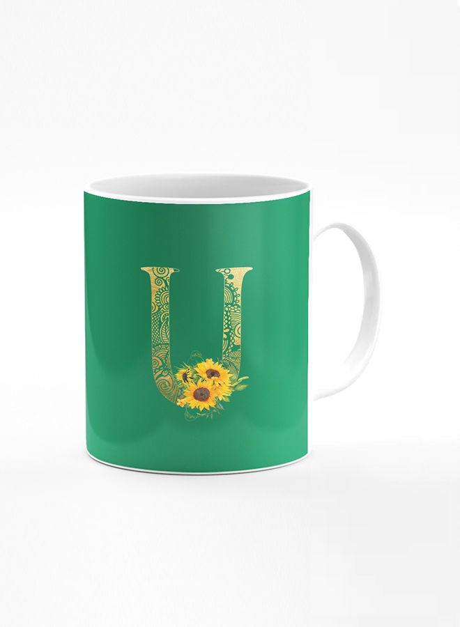 Stylizedd Designer Printed Coffee Mug 11oz Ceramic Personalised Gift Mugs Cup Custom Monogram Initial Letter Floral Pattern Alphabet U (Dark Spring Green)  - Image 1