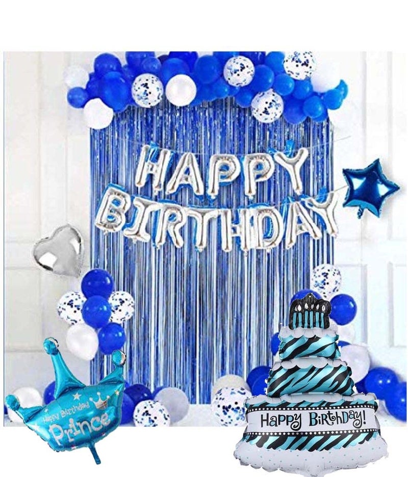 SOI Blue Birthday Decorations Set- 22PCS Blue Foil Curtains Party Decorations | Silver Heart And Star Shape Foil Balloons | Cake Foil Balloons | Prince Foil Balloons For Decoration - Image 1