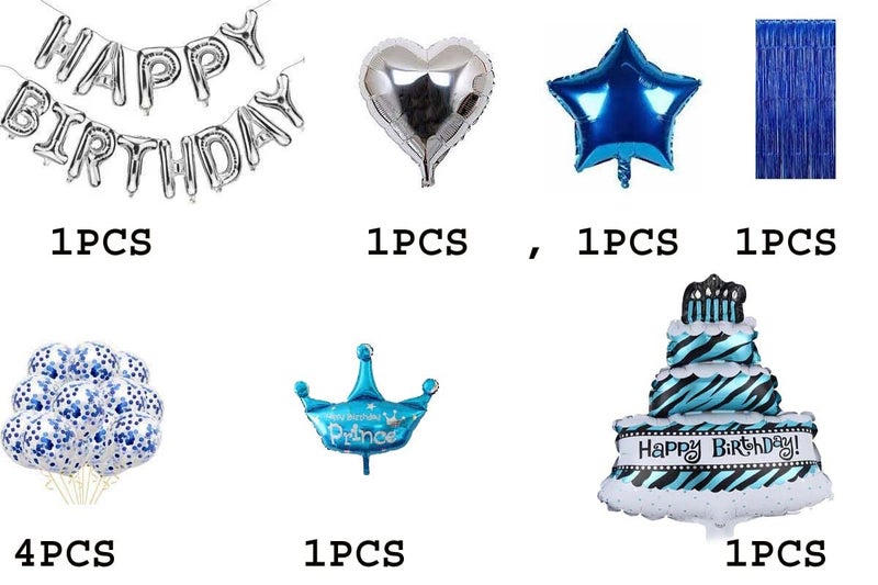 SOI Blue Birthday Decorations Set- 22PCS Blue Foil Curtains Party Decorations | Silver Heart And Star Shape Foil Balloons | Cake Foil Balloons | Prince Foil Balloons For Decoration - Image 2