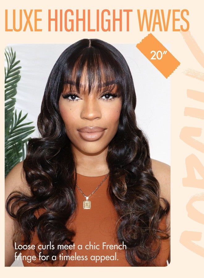 GORGIUS Glueless Wavy Wig with Bangs Highlight Brown Synthetic Curtain Bang Wig with Realistic Scalp 22 Inch - Image 2