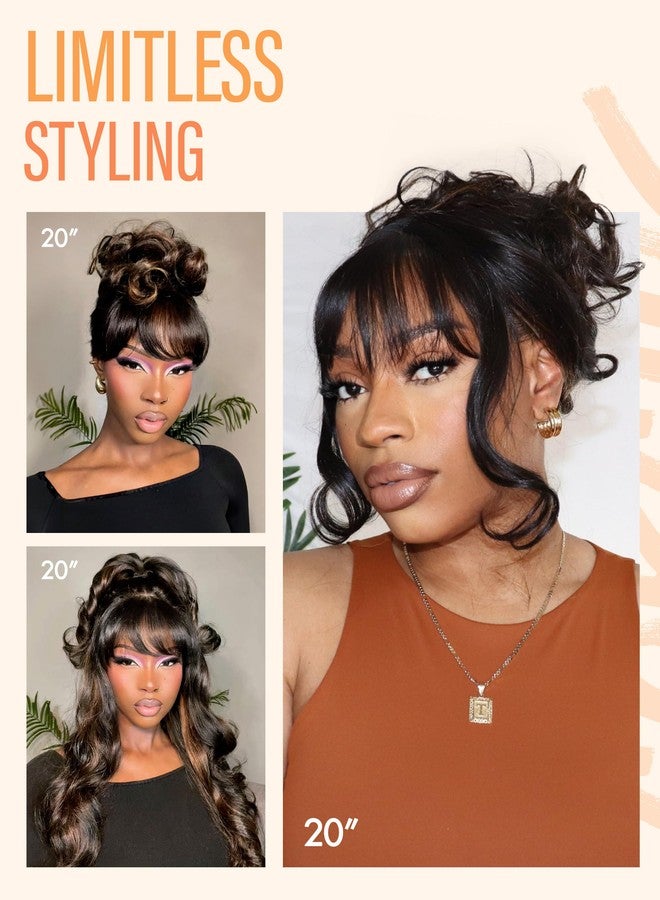 GORGIUS Glueless Wavy Wig with Bangs Highlight Brown Synthetic Curtain Bang Wig with Realistic Scalp 22 Inch - Image 5
