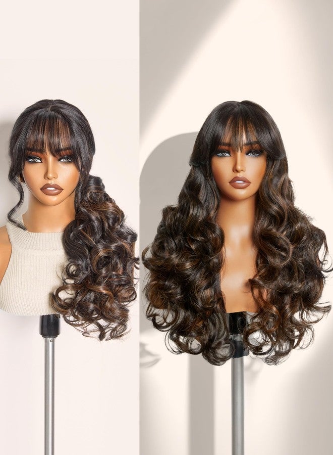 GORGIUS Glueless Wavy Wig with Bangs Highlight Brown Synthetic Curtain Bang Wig with Realistic Scalp 22 Inch - Image 1