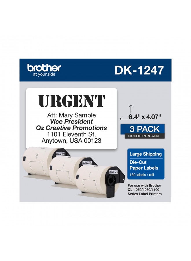 Brother Genuine DK-12473PK Die-Cut Large Shipping Paper Labels, 4.07 in x 6.4 in (103 mm x 164 mm) Large Shipping White Paper Labels, 180 Labels per Roll, (3) Rolls per Box, DK12473PK - Image 1