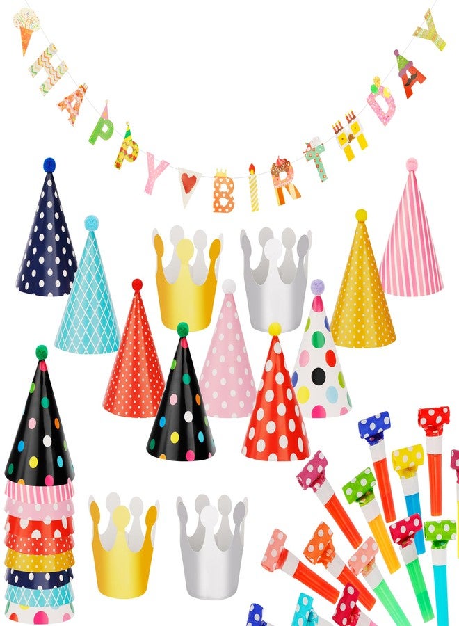 Exacoo 45Pcs Birthday Hat Set Includes 22Pcs Adorable Mini Party Cone Hats,22Pcs Party Noisemakers Whistles,1 Pc Multicolor Banner Party Decorations for Boys Girls Photo Props Class Celebrations - Image 1