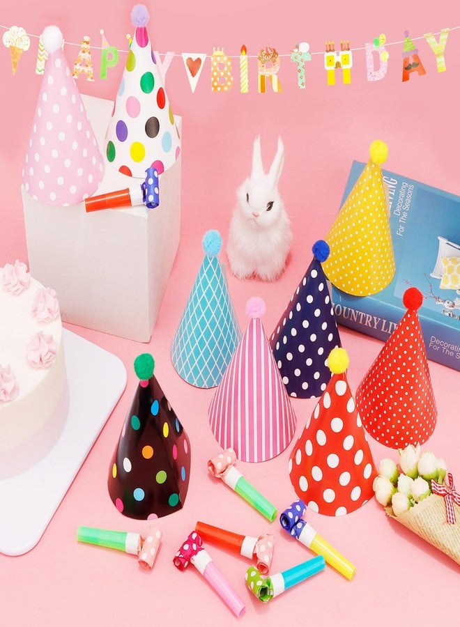 Exacoo 45Pcs Birthday Hat Set Includes 22Pcs Adorable Mini Party Cone Hats,22Pcs Party Noisemakers Whistles,1 Pc Multicolor Banner Party Decorations for Boys Girls Photo Props Class Celebrations - Image 4