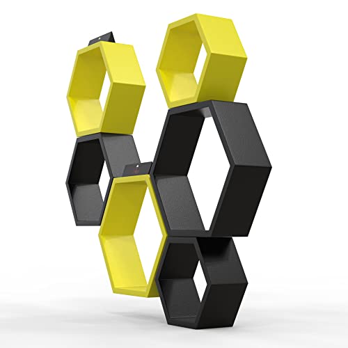 Raafi Hexagonal Shape Wooden Floating Wall Shelves (Set of 6) (Yellow & Black) - Image 2