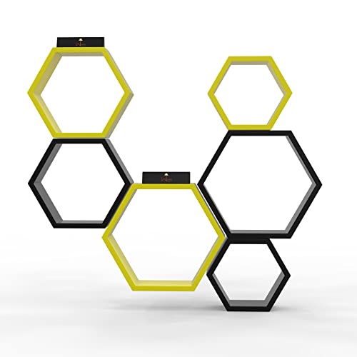 Raafi Hexagonal Shape Wooden Floating Wall Shelves (Set of 6) (Yellow & Black) - Image 3