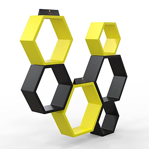 Raafi Hexagonal Shape Wooden Floating Wall Shelves (Set of 6) (Yellow & Black) - Image 5