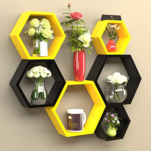 Raafi Hexagonal Shape Wooden Floating Wall Shelves (Set of 6) (Yellow & Black) - Image 1