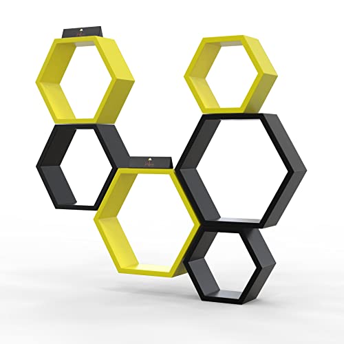 Raafi Hexagonal Shape Wooden Floating Wall Shelves (Set of 6) (Yellow & Black) - Image 4