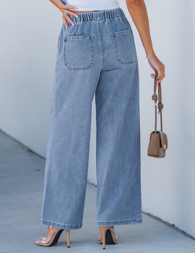 luvamia Wide Leg Jeans Woman High Waisted Trendy Pull On Elastic Waist Drawstring Stretchy Denim Jean Pants with Pockets Wide Leg Pants for Women Modern Blue X-Large Fits Size 16 Size 18 - Image 3