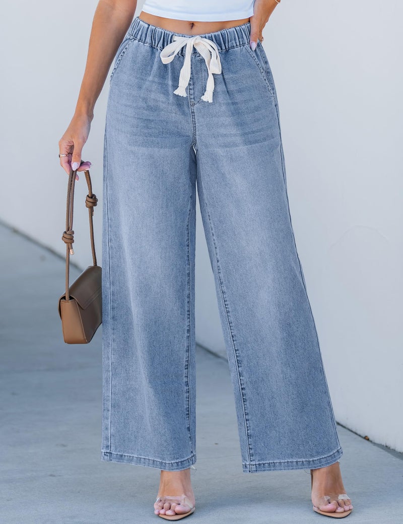 luvamia Wide Leg Jeans Woman High Waisted Trendy Pull On Elastic Waist Drawstring Stretchy Denim Jean Pants with Pockets Wide Leg Pants for Women Modern Blue X-Large Fits Size 16 Size 18 - Image 2