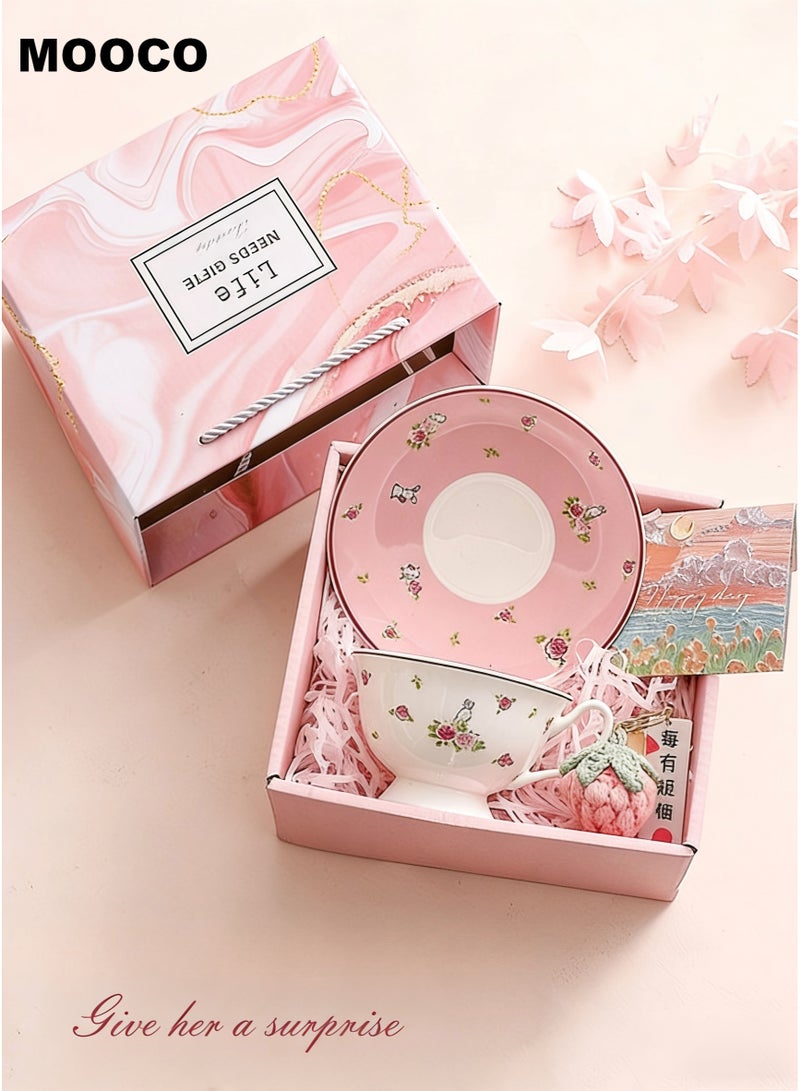 MOOCO Women's Gift Baskets Include (Ceramic Coffee Cup,Saucer,Key Chain,Card), Birthday Gift Set for Her,Ramadan Gift Basket, Wedding Gift Set, Ramadan Gift Box,Women's Friendship Care Package, Women's Friends Gift Set,Cute Rabbit Cup,Pink - Image 1