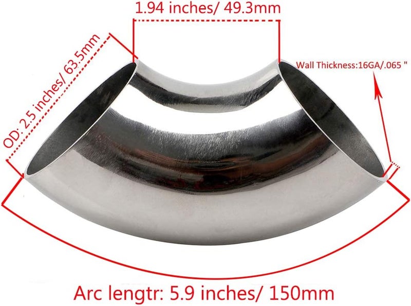 KOTVTM Stainless Steel Elbow 2.5" 90° Mandrel Bend Elbow-Thickness 16GA/.065" Wall - SS304 Stainless Elbow Suitable for Car Modified Exhaust Elbow Pipe, Stair Handrail,etc - Image 2