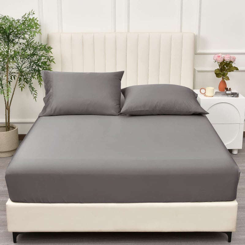PHF PHF 100% Rayon Derived from Bamboo Cooling Fitted Sheet Queen Size for Hot Sleeper  16"" Deep Pocket 2.5cm Wider Strong Elastic Easy Fit  Breathable Silky Smooth Soft 60""x 80""  Grey  No Pillowcases  - Image 1