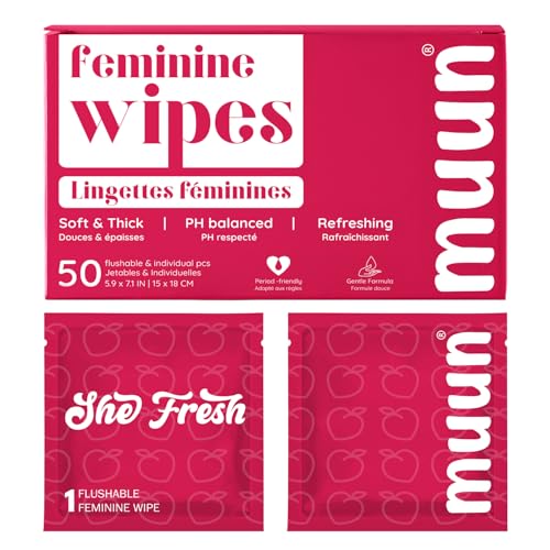 Muun Feminine Wipes Flushable - 50 Counts Individual Vaginal Wipes Ph Balance, Anti Itch Deodorant Hygiene Wrapped Personal Cleansing, Wet Wipes for Intimate, Butt - Image 1