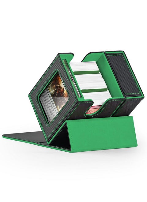 Mtg Deck Box, Commander Deck Box With Display Window, Card Deck Box Holds 100 Double-Sleeved Cards With Dice Tray & 35Pt Magnetic Card Holder（Black& Green）