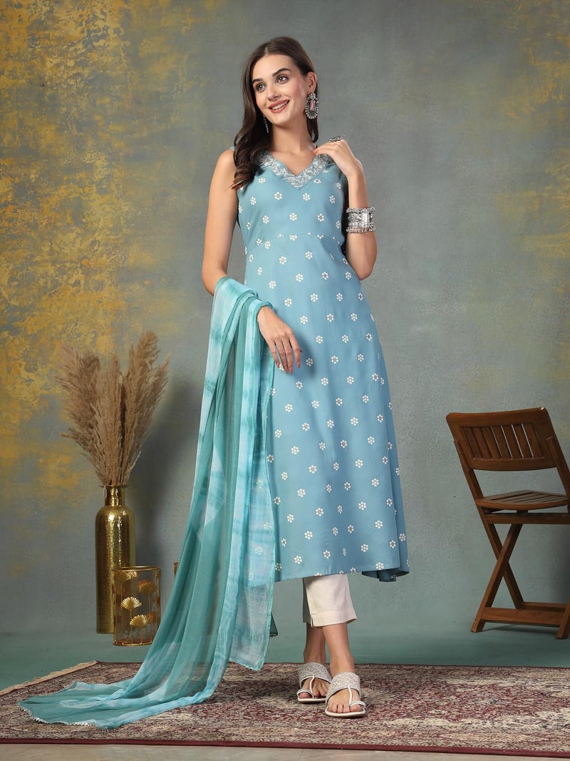 Stylum Women's Floral Printed & Embroidered Rayon A-Line Kurta With Dupatta - Image 5
