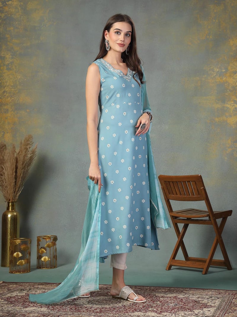 Stylum Women's Floral Printed & Embroidered Rayon A-Line Kurta With Dupatta - Image 3