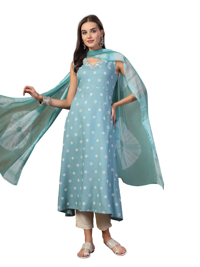 Stylum Women's Floral Printed & Embroidered Rayon A-Line Kurta With Dupatta - Image 1