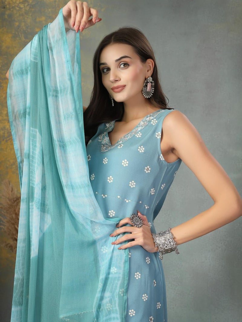 Stylum Women's Floral Printed & Embroidered Rayon A-Line Kurta With Dupatta - Image 4
