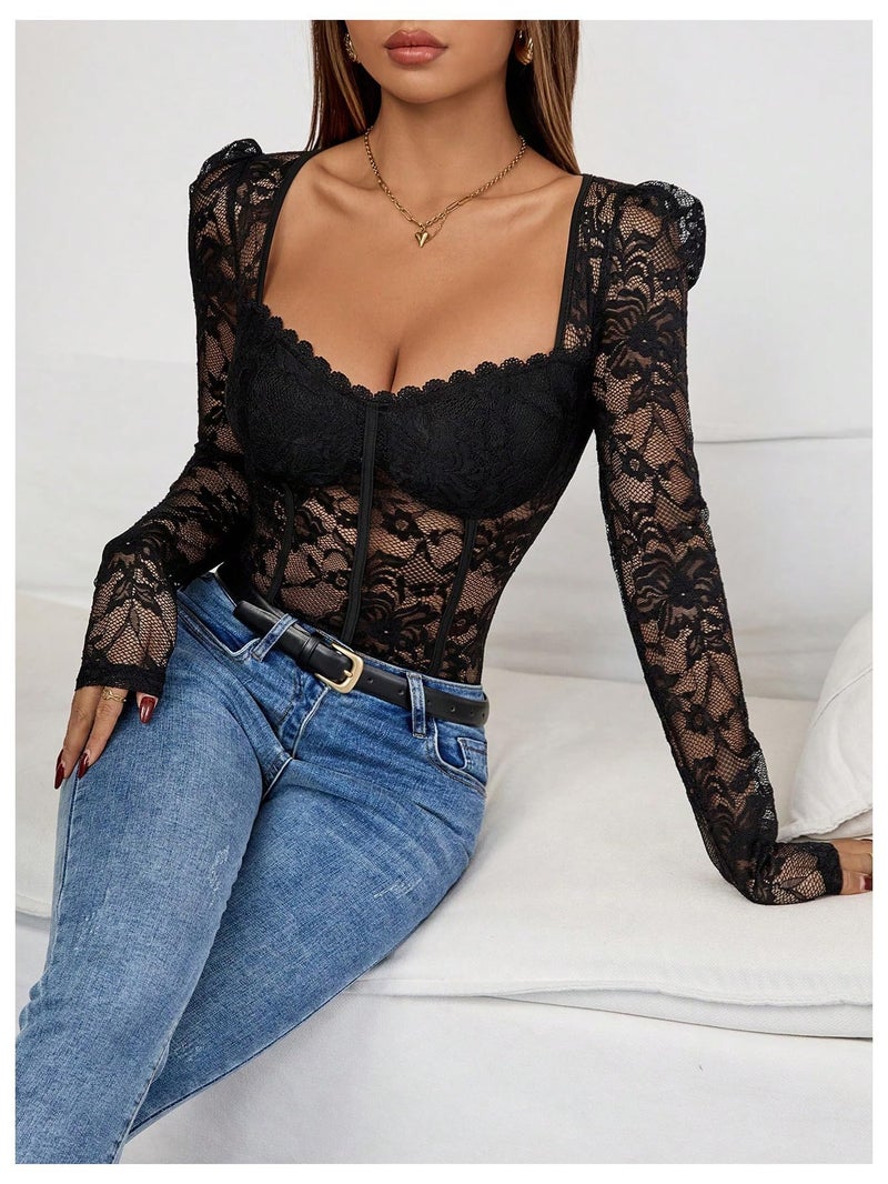 OYOANGLE Women's Floral Lace Long Sleeve V Neck Corset Mesh Leotard Bodysuit Sweetheart Neck Going Out Slim Fit Tops Jumpsuit Black Large - Image 4