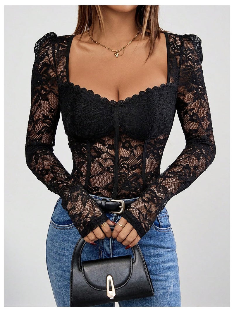 OYOANGLE Women's Floral Lace Long Sleeve V Neck Corset Mesh Leotard Bodysuit Sweetheart Neck Going Out Slim Fit Tops Jumpsuit Black Large - Image 5