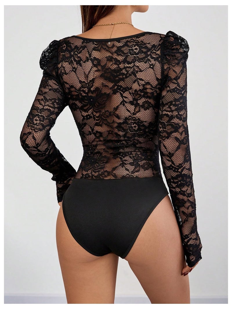 OYOANGLE Women's Floral Lace Long Sleeve V Neck Corset Mesh Leotard Bodysuit Sweetheart Neck Going Out Slim Fit Tops Jumpsuit Black Large - Image 3