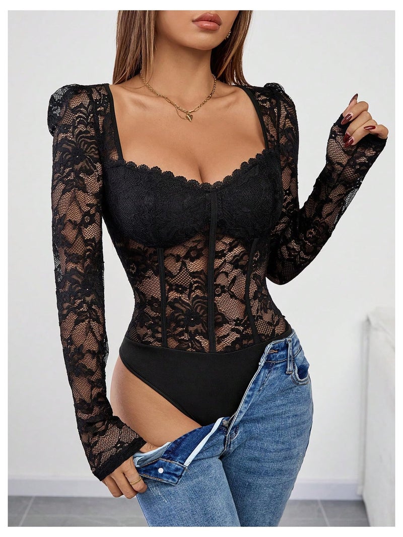 OYOANGLE Women's Floral Lace Long Sleeve V Neck Corset Mesh Leotard Bodysuit Sweetheart Neck Going Out Slim Fit Tops Jumpsuit Black Large - Image 2