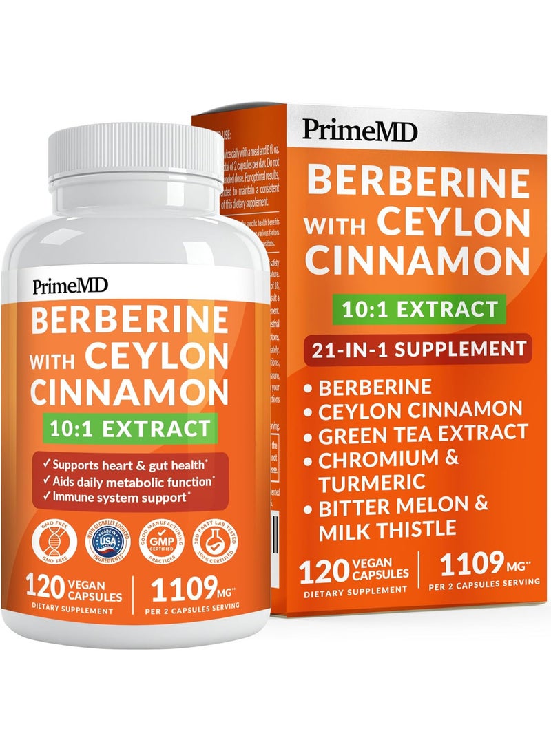 PrimeMD 21-in-1 Berberine Supplement with Ceylon Cinnamon with Chromium, Bitter Melon and Green Tea Extract and Black Pepper Extract 5X for Energy & Metabolism Support with 5279 mg (120 ct, Pack of 1) - Image 1