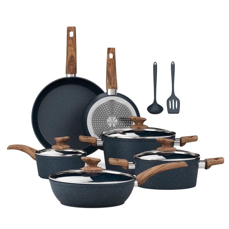 Kitchen Academy Pots and Pans Set Non Stick - 12 Piece Induction Kitchen Cookware Sets, Blue Granite Nonstick Cooking Pans Set - Image 1
