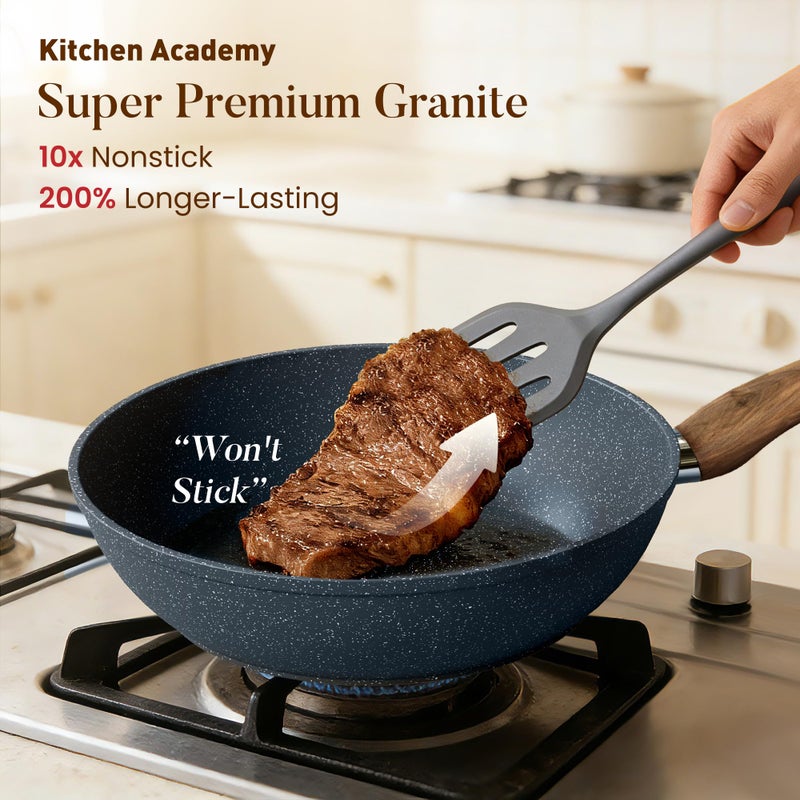 Kitchen Academy Pots and Pans Set Non Stick - 12 Piece Induction Kitchen Cookware Sets, Blue Granite Nonstick Cooking Pans Set - Image 2
