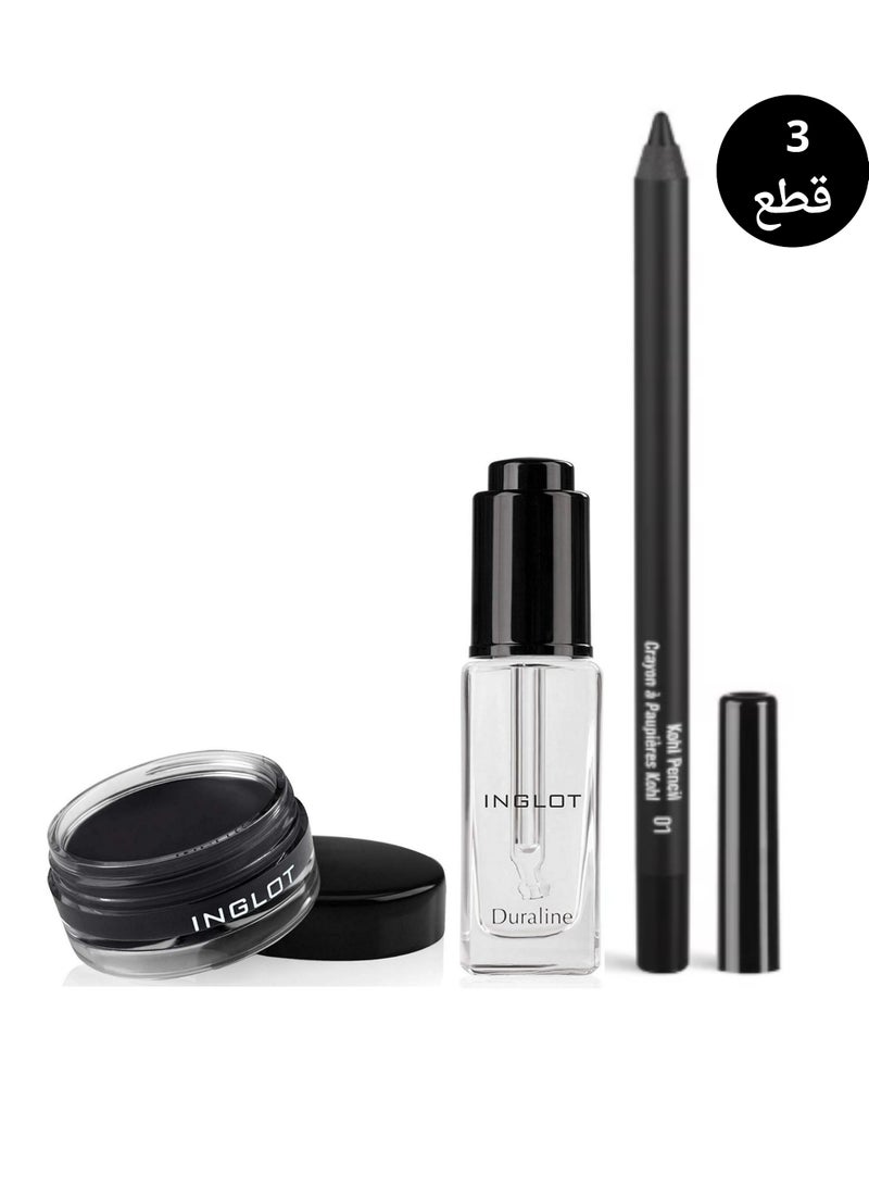 Inglot Eye Makeup Set – Gel Eyeliner 77 Black, Duraline Makeup Mixing Liquid Clear 9 ml & Inglot Creamy Eye Pencil 01 Black Shimmer