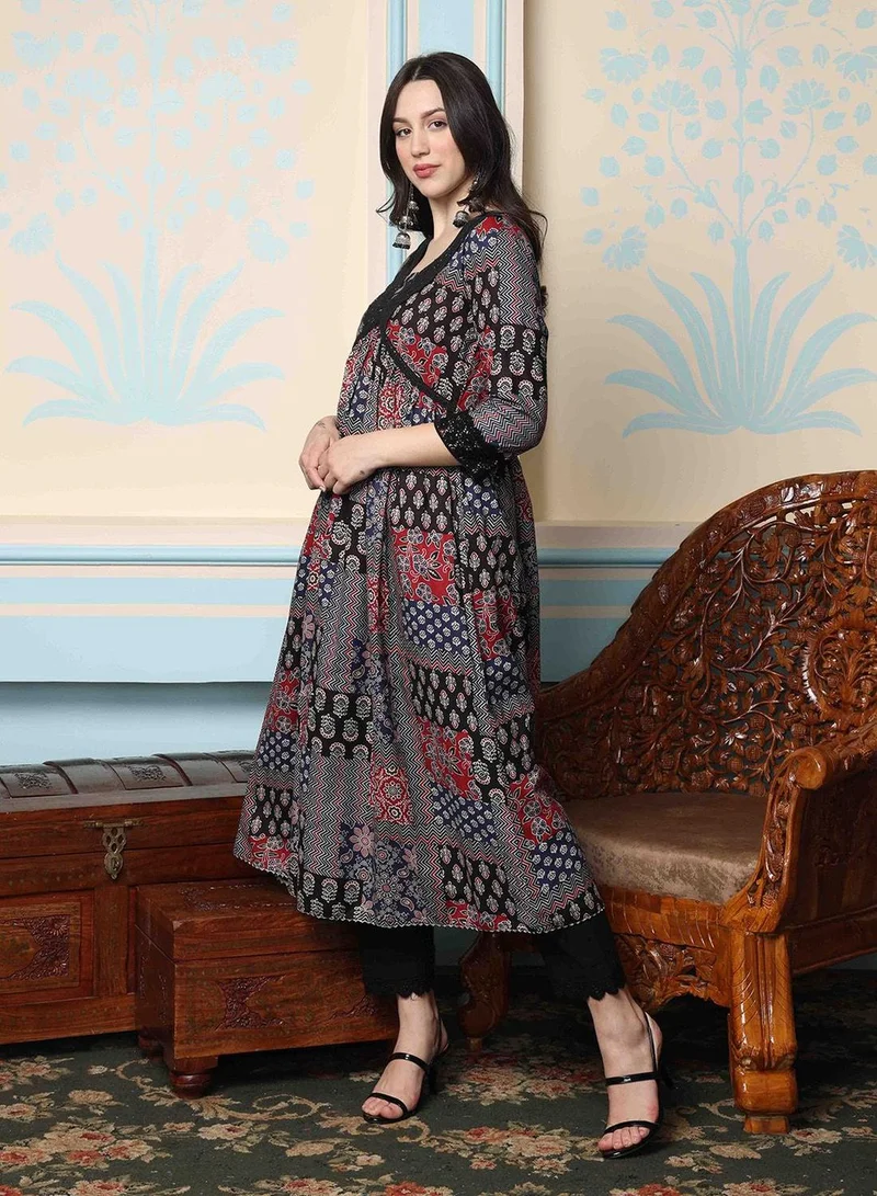 آي شين Women's Black 100% Cotton Self Design Full Length Palazzo Kurta Set
