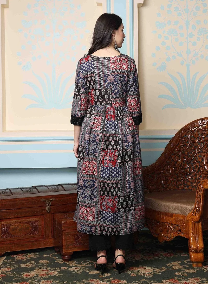 آي شين Women's Black 100% Cotton Self Design Full Length Palazzo Kurta Set