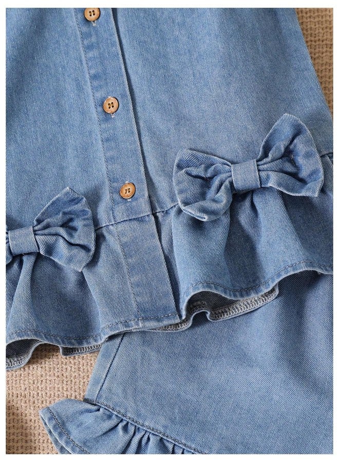 WDIRARA Toddler Girl's Denim 2 Piece Outfit Bow Sleeveless Button Up Tank Shorts Set Cute Outfits Medium Wash 5Y - Image 4