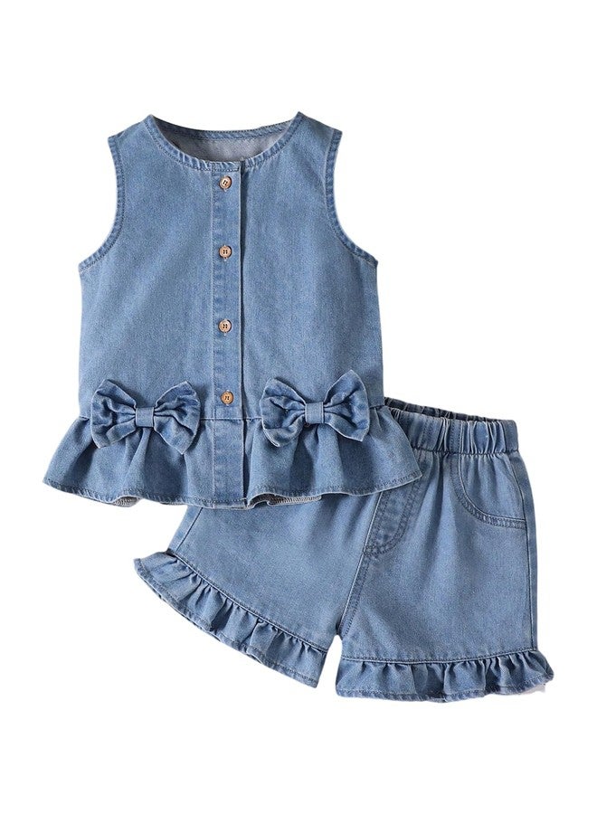 WDIRARA Toddler Girl's Denim 2 Piece Outfit Bow Sleeveless Button Up Tank Shorts Set Cute Outfits Medium Wash 5Y - Image 1