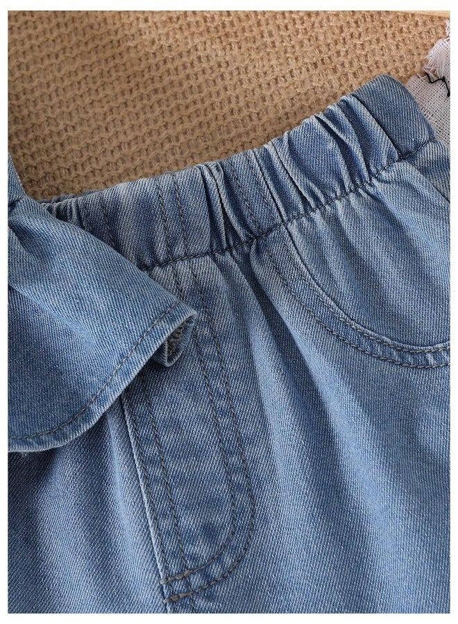 WDIRARA Toddler Girl's Denim 2 Piece Outfit Bow Sleeveless Button Up Tank Shorts Set Cute Outfits Medium Wash 5Y - Image 5