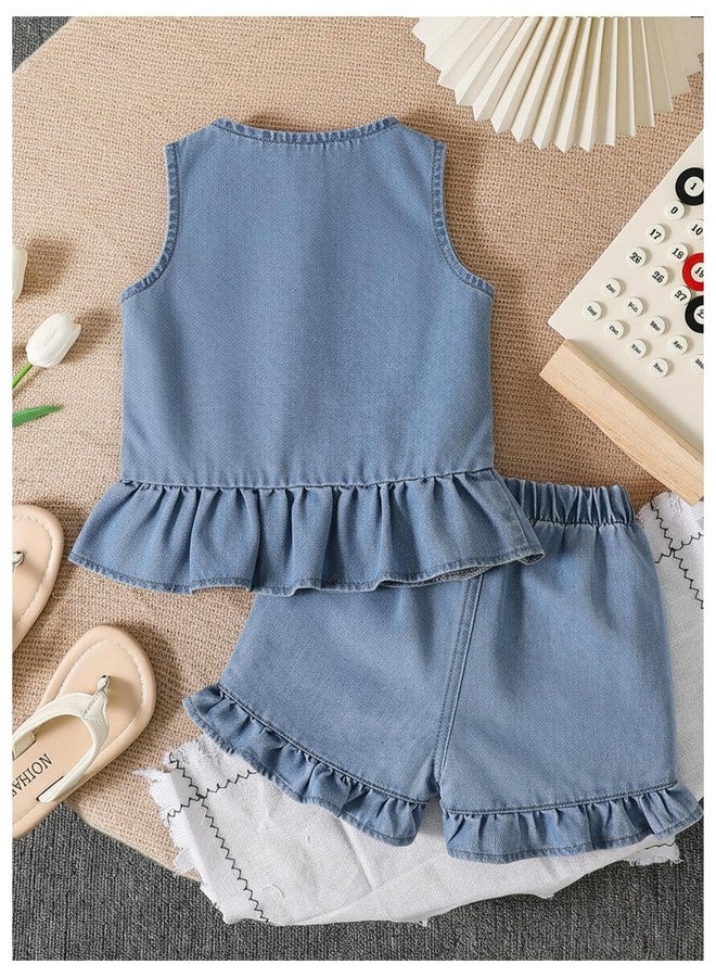 WDIRARA Toddler Girl's Denim 2 Piece Outfit Bow Sleeveless Button Up Tank Shorts Set Cute Outfits Medium Wash 5Y - Image 2