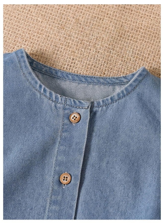 WDIRARA Toddler Girl's Denim 2 Piece Outfit Bow Sleeveless Button Up Tank Shorts Set Cute Outfits Medium Wash 5Y - Image 3