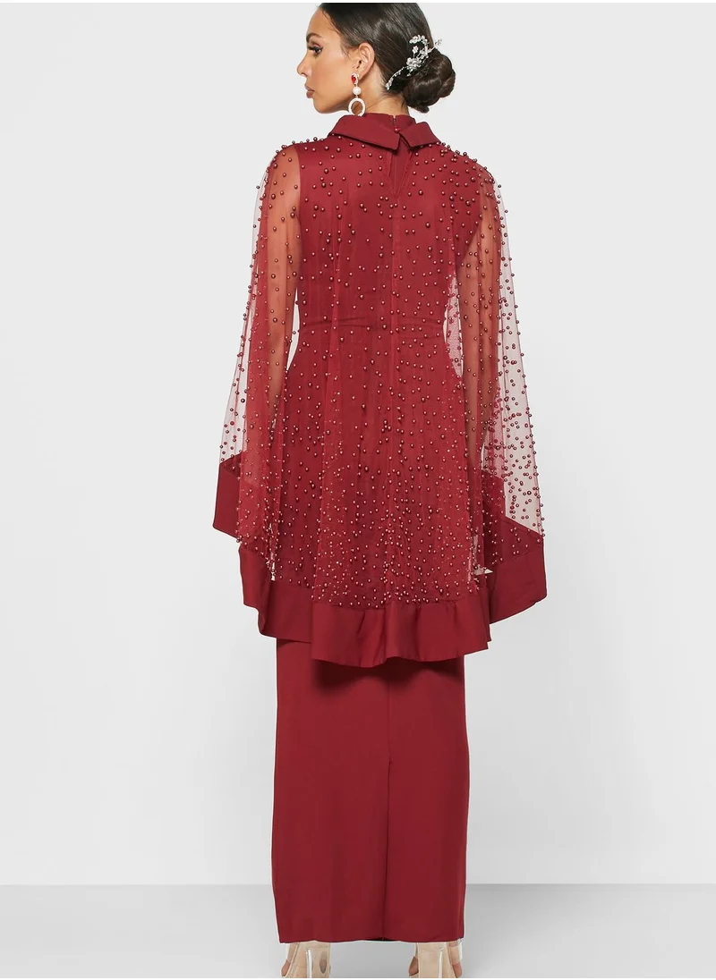 Khizana Beaded Mesh Overlay Maxi Dress