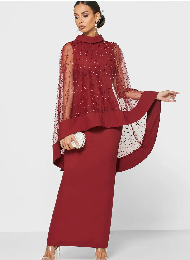 Khizana Beaded Mesh Overlay Maxi Dress