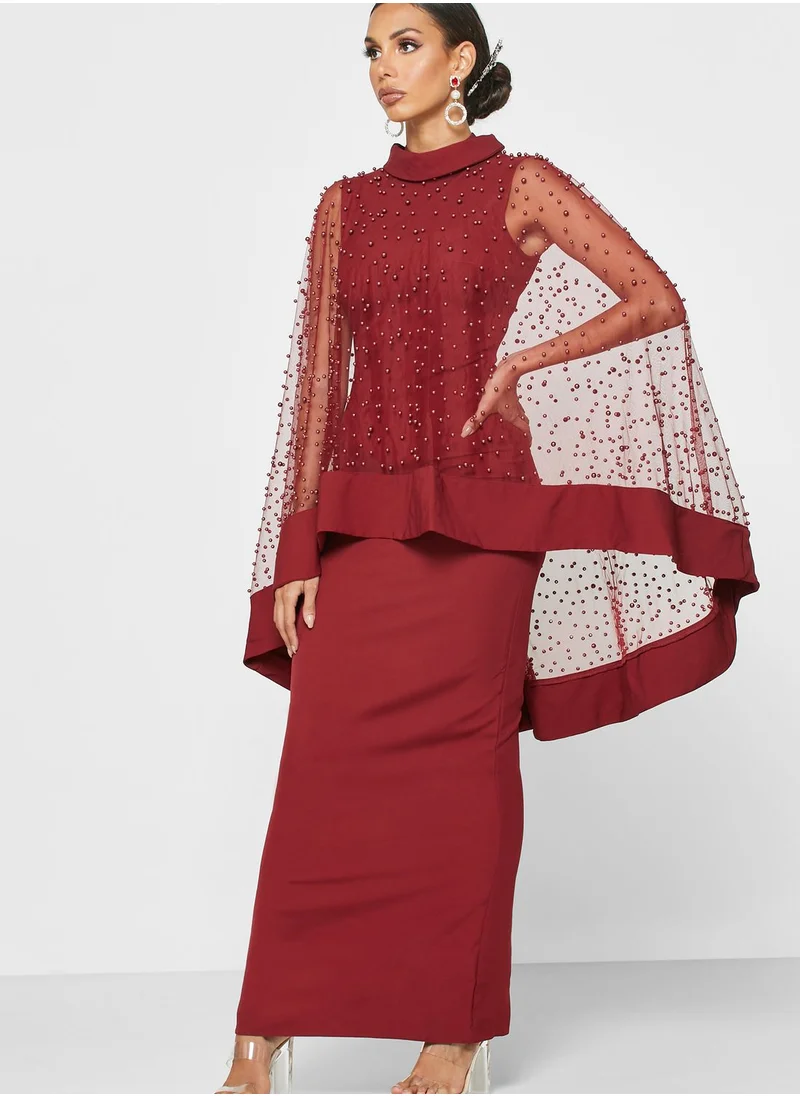 Khizana Beaded Mesh Overlay Maxi Dress