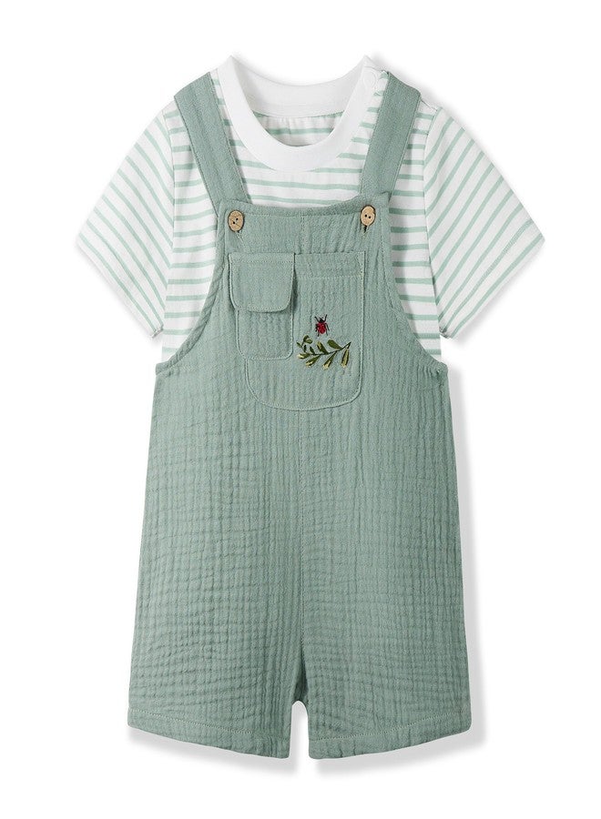 Volunboy Toddler Boy Summer Clothes Unisex Short Sleeve T-shirt Overalls Cotton Gauze Jumpsuits 2Pcs Suspenders Shorts Set (Lightgreen, 2-3T) - Image 1