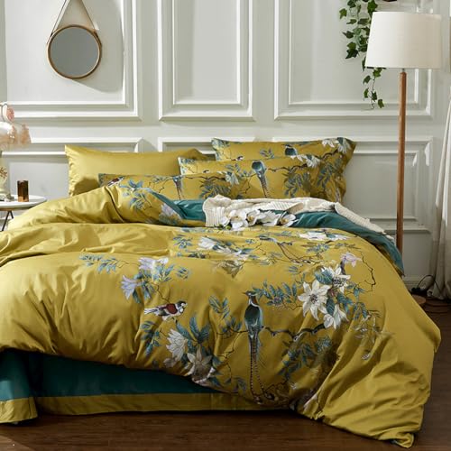 mixinni Bird Duvet Cover Twin XL Garden Floral Duvet Cover Cotton Flowers on Yellow Bedding Set Girls Bedding Comforter Cover for Teen Girls 1 Duvet Cover with 2 PillowcasesTwin XL Size - Image 1