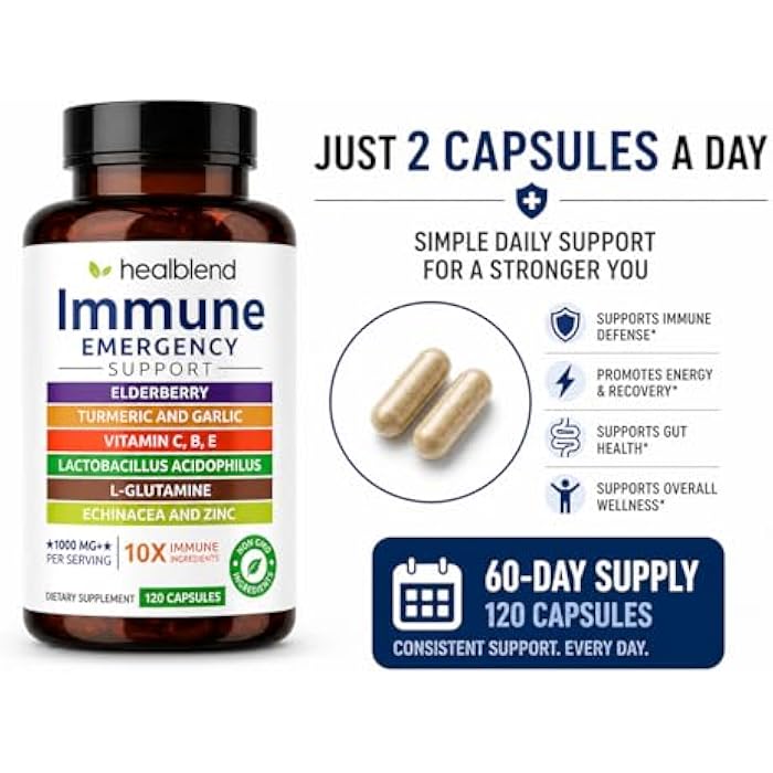 healblend 10 in 1 Immune Support Supplement Booster with Elderberry, Zinc, Echinacea, Turmeric, Lactobacillus Acidophilus, for Adults [120 Capsules] - Image 5