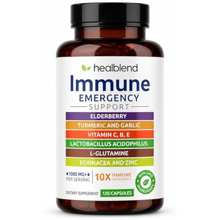 healblend 10 in 1 Immune Support Supplement Booster with Elderberry, Zinc, Echinacea, Turmeric, Lactobacillus Acidophilus, for Adults [120 Capsules] - Image 1